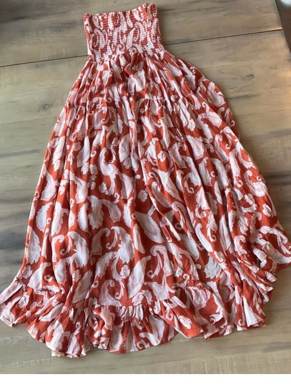 Strapless Orange & White High-Low Maxi Dress with Smocked Top - Picture 4 of 10